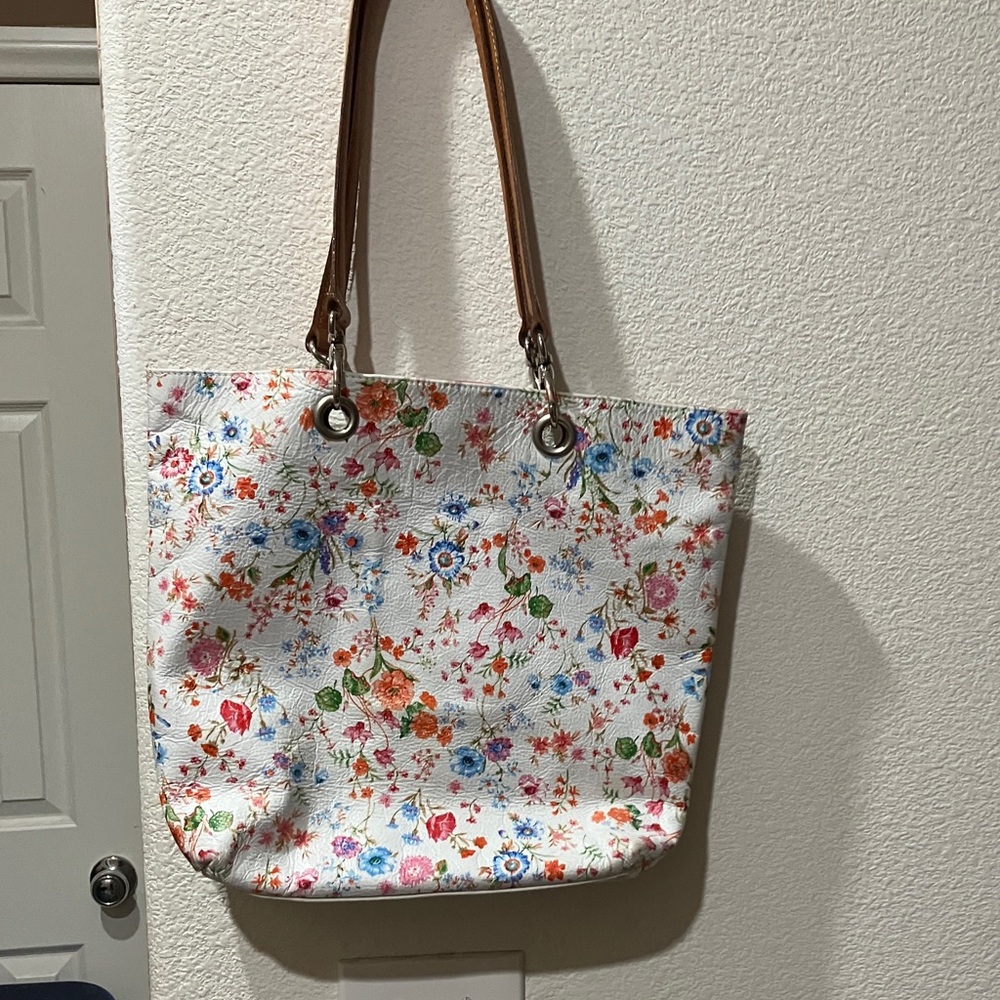 Mauricio Taiuti Floral White Tote Bag with Brown Straps made in Italy